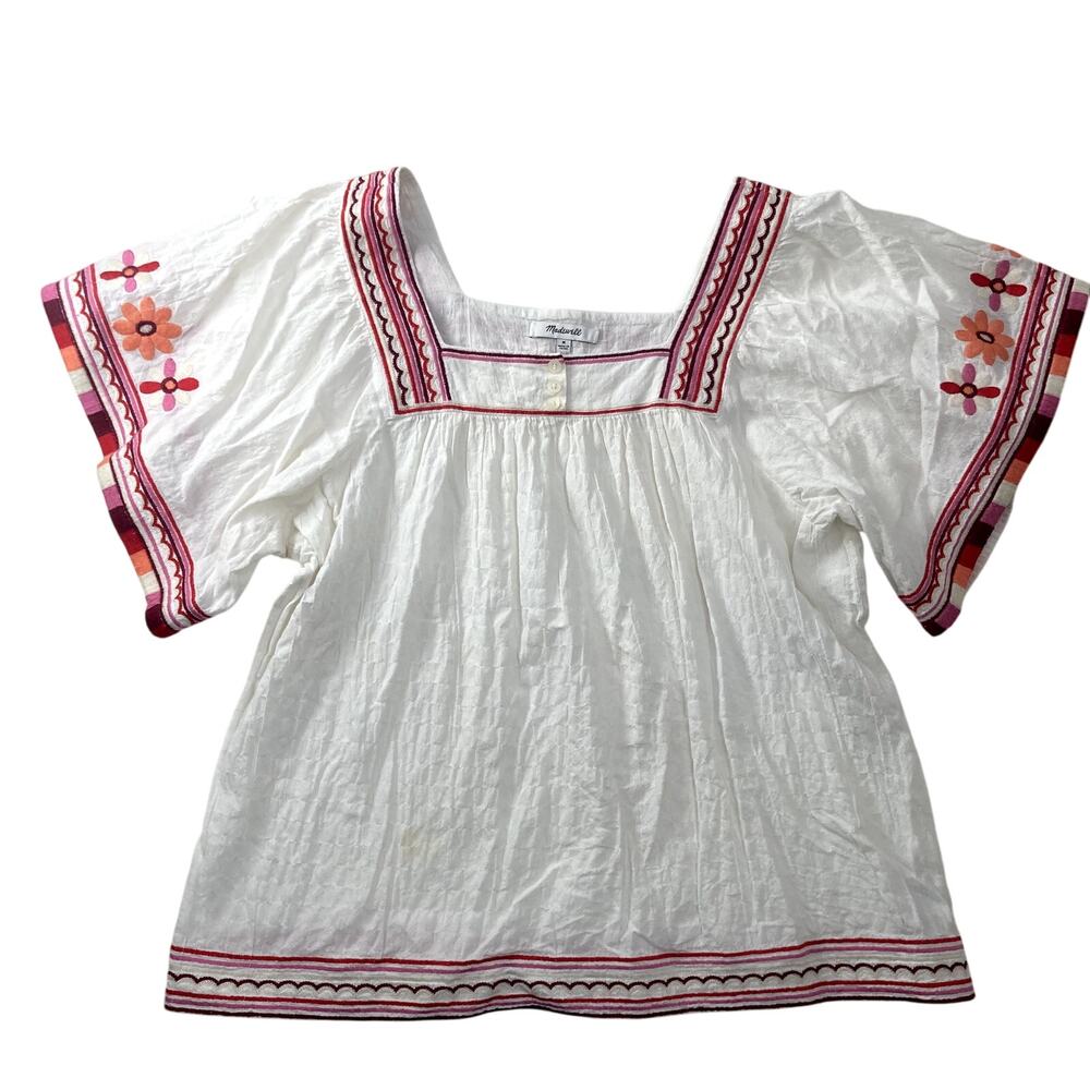 Madewell White Blouse with Red Embroidery